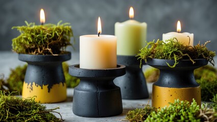 Aufkleber - Candle holders in black and yellow with lit candles and decorative moss arranged artfully on a textured surface in soft natural lighting