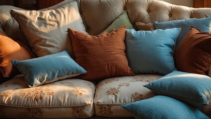 Leinwandbilder - Cushions in varying shades of blue and earthy tones arranged artistically on a vintage beige floral couch with warm sunlight illuminating the scene.
