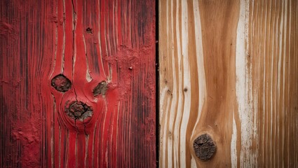 Poster - Red and Bleached Wood Texture Side by Side with Extra Coarse Grain and Vignette Detail Highlighting Natural Knots and Imperfections