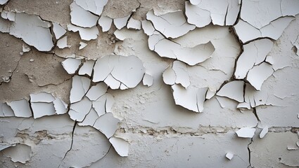 Aufkleber - Cracked peeling white paint texture on a grunge wall with irregular patches and rough surface details in a soft neutral color palette.
