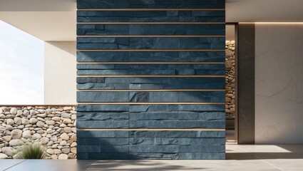 Poster - Modern architectural interior featuring a sleek dark stone wall accented with horizontal light wood strips, juxtaposed with a bright tranquil space.