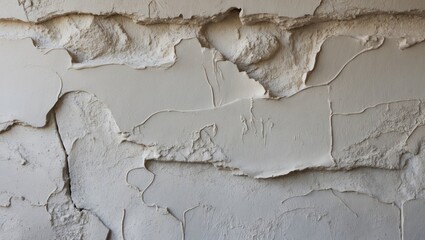 Poster - Close-up of an aged cement wall with cracked white plaster texture, featuring irregular shapes and a matte finish, creating a vintage aesthetic.