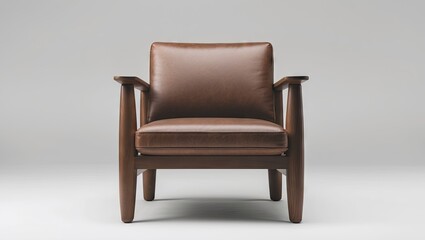 Aufkleber - Modern brown wooden armchair featuring sleek lines and plush leather upholstery, centered against a gray backdrop with ample copy space for design.