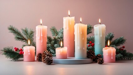 Leinwandbilder - Pastel colored candles in pink and blue shades arranged on a circular stand with evergreen sprigs and pine cones on a soft beige background.