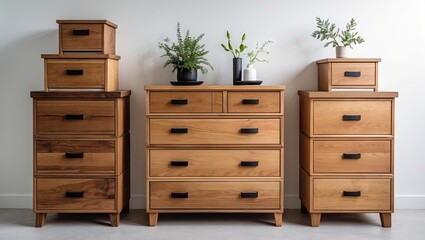 Aufkleber - Modern wooden chest of drawers in three sizes arranged against a neutral background with green plants and pots for a minimalist aesthetic.