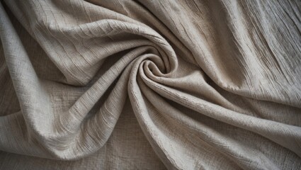 Poster - Close-up of soft beige textured fabric draped in spiral formation displaying subtle creases and natural light capturing its intricate patterns.