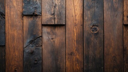 Poster - Detailed close-up of an uneven wooden texture in rich brown tones with dark weathered accents arranged horizontally across the background.