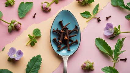 Poster - Cloves in a silver spoon on a pastel blue background with mint leaves and purple flowers arranged around it in a vibrant composition.