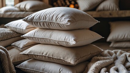 Poster - Soft beige pillows stacked neatly on a textured blanket in a warm cozy room with soft lighting and blurred background, creating a serene atmosphere.
