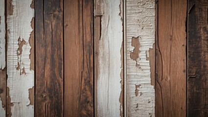 Poster - Weathered brown wooden planks with cracks positioned against a backdrop of white vintage wallpaper texture create an antique aesthetic.