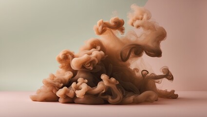 Leinwandbilder - Brown smoke swirls elegantly against a soft pastel green and pink background creating an abstract artistic effect with flowing shapes and textures.