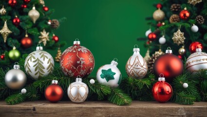 Aufkleber - Vibrant Christmas ornaments in red, white, and green arranged on lush evergreen garland with a rich green background showcasing festive details.