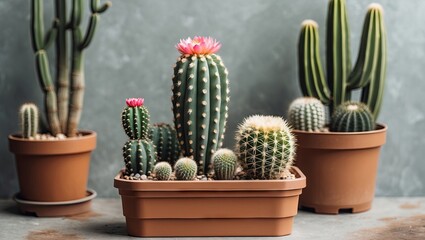 Aufkleber - Vibrant array of cacti in brown plastic pots against a textured gray background, showcasing green spiky plants with pink flowers for home decor.