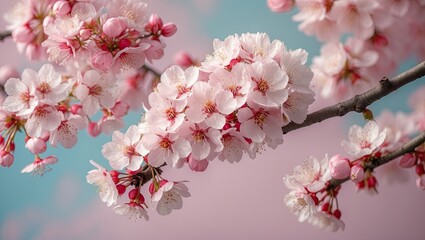 Aufkleber - Delicate pink cherry blossoms clustered on a slender branch against a soft pastel blue and pink background creating a serene floral composition