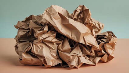 Leinwandbilder - Crumpled brown paper artfully arranged in a chaotic pile centered against a soft pastel green background with a warm peach surface below.