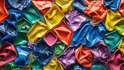Poster - Vibrant chaotic arrangement of crumpled recycled plastic in bright colors like red yellow green and blue providing ample space for text insertion