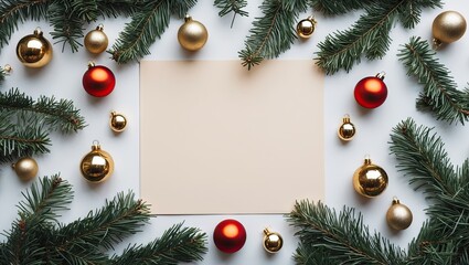 Poster - Blank beige paper surrounded by golden and red Christmas ornaments on green pine branches creating a festive holiday frame for greetings.