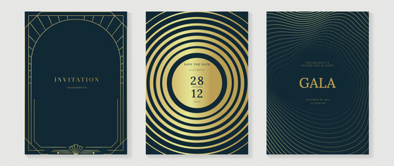 Wall Mural - luxury invitation card background vector. golden elegant wavy gold line pattern on navy blue backgro