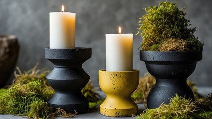 Poster - Elegant arrangement of white candles on black and yellow cement holders surrounded by vibrant green moss tones in a softly lit setting.