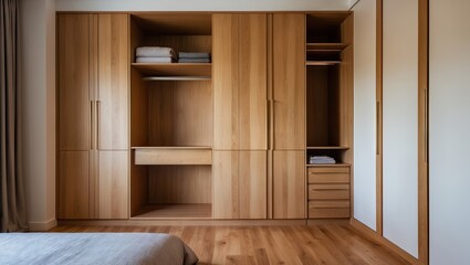 Poster - Modern bedroom interior showcasing a wooden wardrobe with warm brown tones. Features integrated shelves and drawers against a neutral wall.