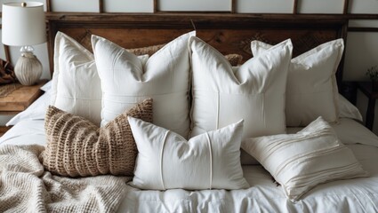 Poster - Cozy arrangement of neutral white pillows in various sizes on a soft bed with a light textured throw and wooden headboard in a serene interior setting
