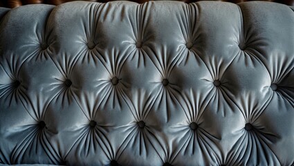 Poster - Textured grey velour background showcasing intricate quilted upholstery with deep button tufting and elegant folds highlighting craftsmanship.