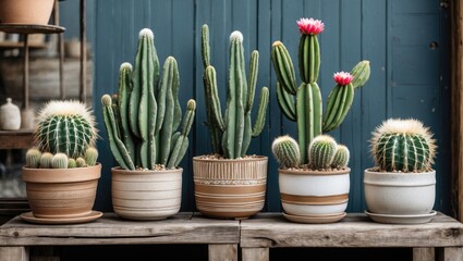 Aufkleber - Colorful assorted cacti in ceramic planters arranged in a row against a blue wooden backdrop showcasing green, pink and tan tones.