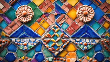 Aufkleber - Vibrant mosaic tile pattern with a mix of blue, green, yellow, and orange colors featuring floral designs and textured elements on a wall surface.