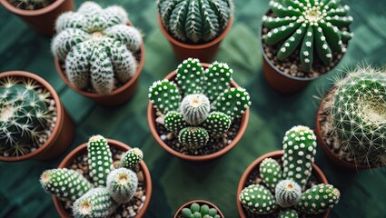 Aufkleber - Collection of various potted cactus plants arranged in terracotta pots on a green textured surface, captured from a top view with selective focus.