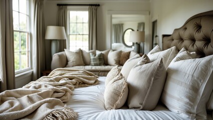 Aufkleber - Cozy neutral-toned bedroom with a large tufted bed adorned with multiple textured pillows and a warm throw blanket, large windows letting in soft light.