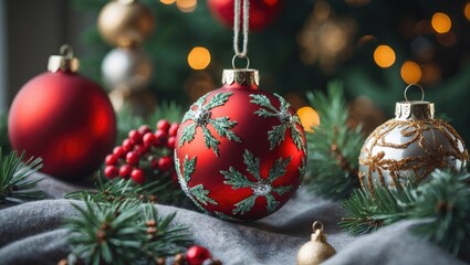 Poster - Festive red and gold Christmas ornaments adorned with greenery on a soft gray fabric against a blurred tree with warm bokeh lights in background