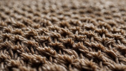 Poster - Close-up view of intricate brown woven carpet texture showcasing detailed threads and fibers in soft natural lighting.