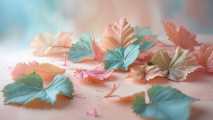 Poster - Pastel background featuring scattered colorful leaves in soft peach, mint green, and light pink tones creating a serene natural composition.