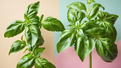 Poster - Fresh green basil leaves arranged in two clusters against a pastel peach and teal background highlighting their vibrant color and texture.