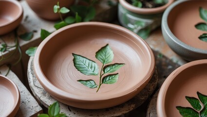 Poster - Ceramic plates with hand-painted green leaves on terracotta, arranged on textured surfaces with vibrant foliage accents in natural tones