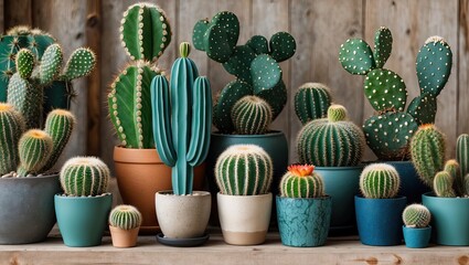 Aufkleber - Variety of cacti in colorful planters arranged on a rustic wooden surface with greens and earth tones creating a vibrant decorative display