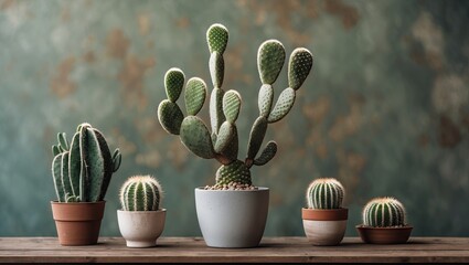 Aufkleber - Succulent display with five cacti in various pots on a rustic wooden surface against a textured teal and earthy backdrop creating a minimalist aesthetic.