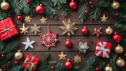 Aufkleber - Christmas decorations on wooden surface. Red and gold gifts, stars and ornaments arranged on dark brown background. Copy space for greetings.