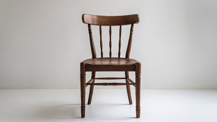 Poster - Brown wooden chair positioned centrally against a minimalistic white background highlighting its rustic texture and simple design.