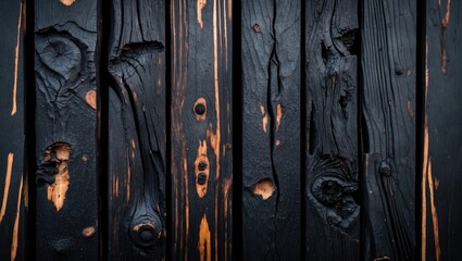 Aufkleber - Textured charred wood background with deep black tones and hints of orange highlight, showcasing rustic, weathered wooden planks arranged vertically.