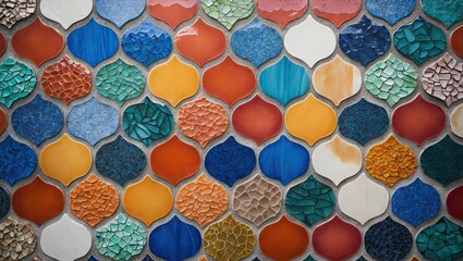 Aufkleber - Vibrant mosaic tiles in diverse shapes and textures featuring orange, blue, green, and cream arranged in a cohesive pattern for decorative surfaces.