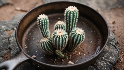 Aufkleber - Vibrant green cacti with prominent spines arranged in a rustic black pan on a textured brown surface, showcasing a unique indoor plant display.