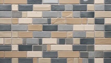 Leinwandbilder - Elegant mosaic tile design featuring a mix of beige, gray, and cream rectangular tiles arranged in a staggered pattern on a wall.