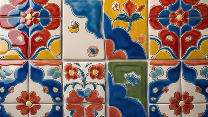 Aufkleber - Colorful ceramic wall tiles showcasing vibrant floral designs in red, blue, yellow, and green arranged in a symmetrical pattern for home decor.