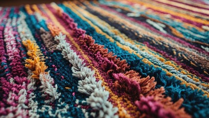 Aufkleber - Vibrant multicolored carpet texture with bold pink, blue, yellow, and white strands in an abstract pattern, angled view highlighting depth and detail.