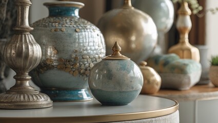 Aufkleber - Elegant close-up of decorative vases in soft blue and gold tones arranged on a circular side table with a glossy finish, enhancing interior decor.
