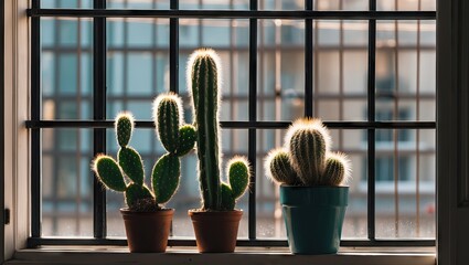 Fototapete - Potted cacti with green spines glow against a metal grid window, showcasing bright sunlight and an urban backdrop, creating a serene atmosphere.
