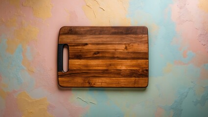 Poster - Wooden cutting board positioned centrally on a pastel multicolored background with soft textures featuring pink, blue, and yellow tones.