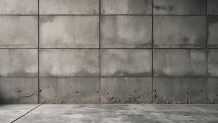 Poster - Texture-rich gray cement wall background with flat panels and subtle imperfections, complemented by a smooth concrete floor beneath.