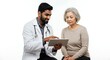 © hattaarshavin - A doctor explaining a diagnosis to a patient using a tablet, white background